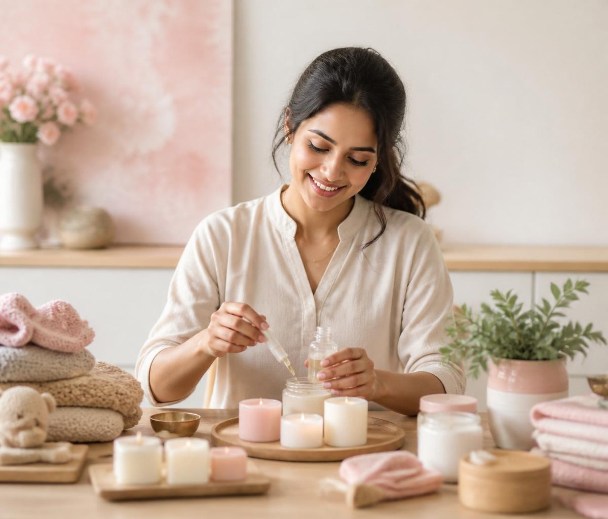 A mom crafting handmade baby and wellness products at her studio