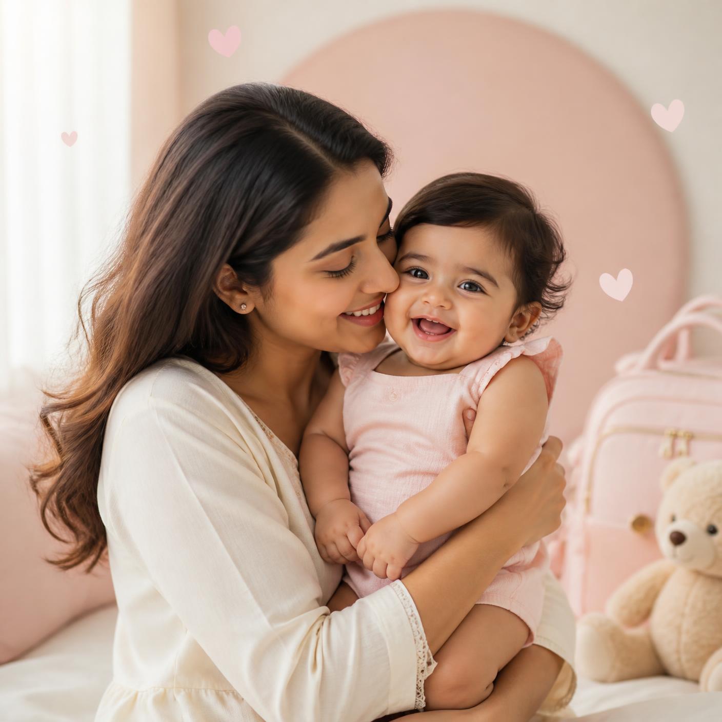 Young Indian mother lovingly cuddling her smiling baby